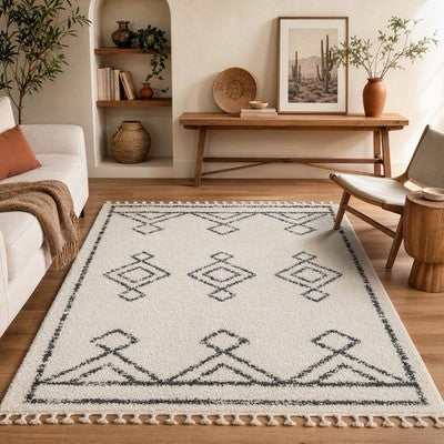 NEW West Elm White Black Boho Tassel Geometric Shag Area Rug Carpet - 8' x 5'