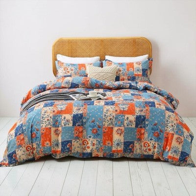 NEW Anthropologie Blue & Orange Boho Floral Patchwork Duvet Bedding & Sham Set