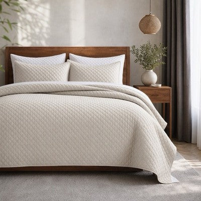 NEW West Elm Cream Ultra Soft Diamond Quilted Queen King Bedding Quilt Sham Set