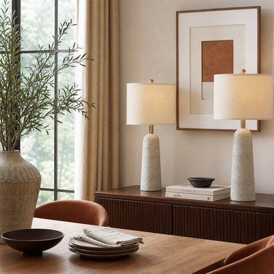 NEW Anthropologie Set of 2 White Resin Stone Boho Table Lamps Linen Lighting 27"