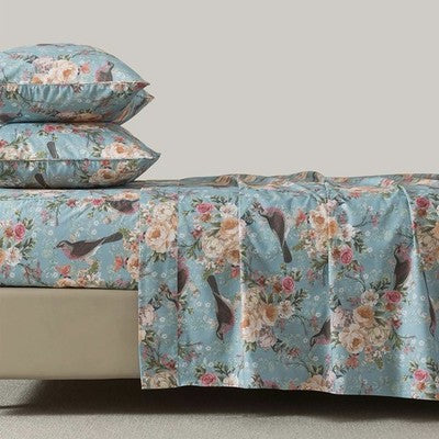 NEW Anthropologie Blue Floral Botanical Bird 100% Cotton Matching 4 PC Sheet Set