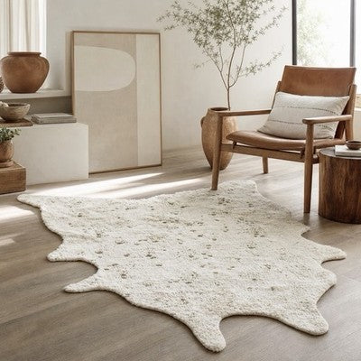 NEW West Elm Faux Cowhide Fur Extra Large White Area Rug Boho Floor - 6.5’ x 5’