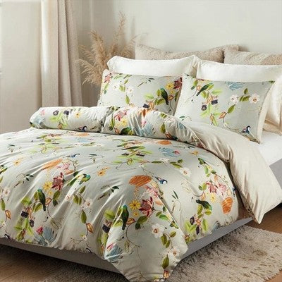 NEW Anthro Boho King Bright Floral Bird Print Cotton Bedding Comforter Sham Set