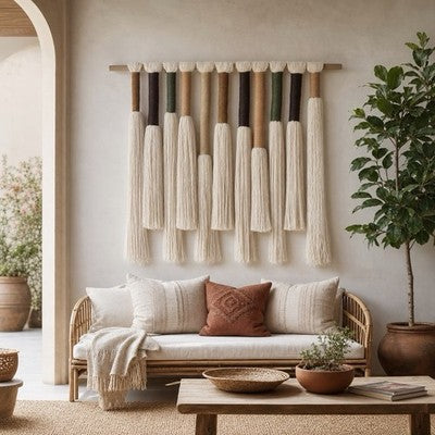 NEW Anthropologie Boho White Cotton Tassel Tapestry Woven Wall Hanging 22" x 27"