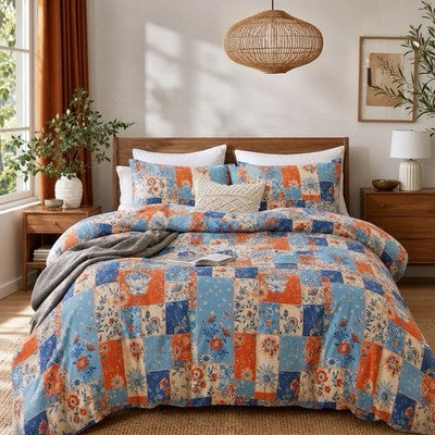 NEW Anthropologie Blue & Orange Boho Floral Patchwork Duvet Bedding & Sham Set