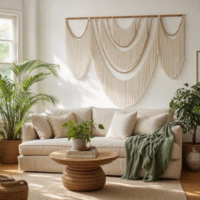 NEW Anthropologie XL Beige Woven Boho Beaded Tapestry Macrame Wall Hanging 57x40