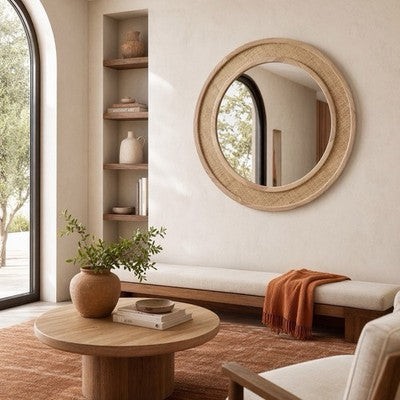 NEW West Elm Large Round Mirror Wicker Rattan Boho Wall Hanging Decor - 30” Diam