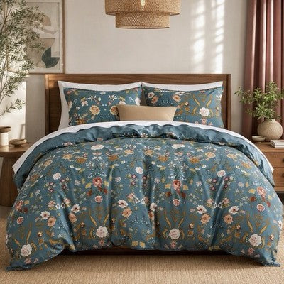 NEW Anthropologie Teal Multicolor Floral 100% Cotton Duvet Bedding & Sham Set