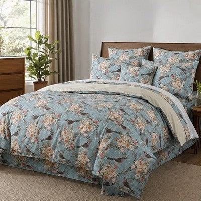NEW Anthropologie Blue Floral Botanical Bird 100% Cotton Duvet Bedding Sham Set