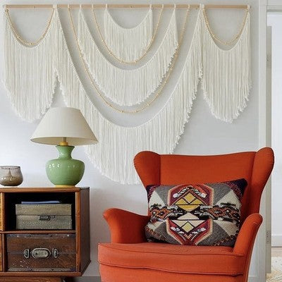 NEW Anthropologie XL Beige Woven Boho Beaded Tapestry Macrame Wall Hanging 57x40