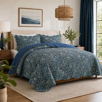 NEW Anthropologie Blue Floral Stitch Queen King Quilt Bedspread Bedding Sham Set