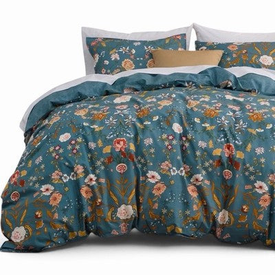 NEW Anthropologie Teal Multicolor Floral 100% Cotton Duvet Bedding & Sham Set