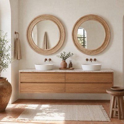 NEW West Elm Large Round Mirror Wicker Rattan Boho Wall Hanging Decor - 30” Diam