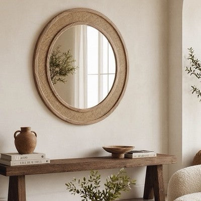 NEW West Elm Large Round Mirror Wicker Rattan Boho Wall Hanging Decor - 30” Diam