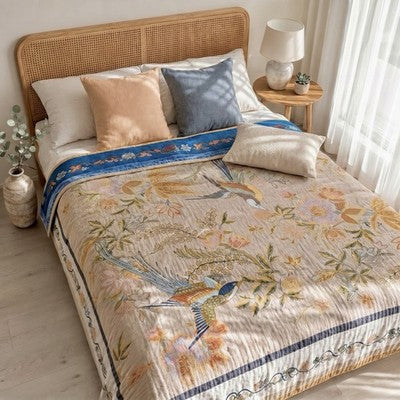 NEW Anthropologie Reversible Boho Bird Multicolor Queen / King Bedspread Blanket Quilt