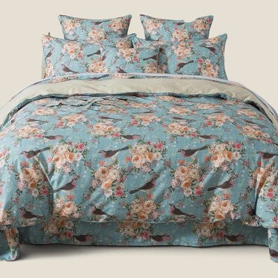 NEW Anthropologie Blue Floral Botanical Bird 100% Cotton Duvet Bedding Sham Set