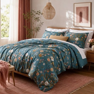 NEW Anthropologie Teal Multicolor Floral 100% Cotton Duvet Bedding & Sham Set