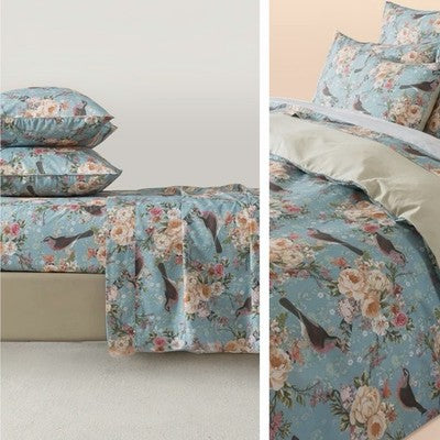 NEW Anthropologie Blue Floral Botanical Bird 100% Cotton Matching 4 PC Sheet Set