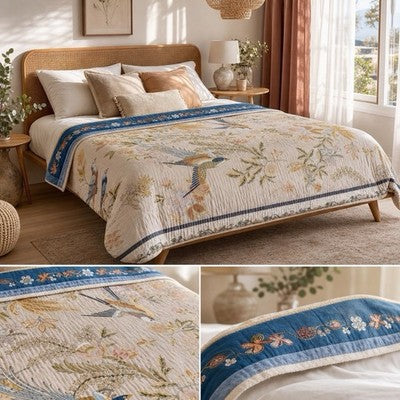 NEW Anthropologie Reversible Boho Bird Multicolor Queen / King Bedspread Blanket Quilt