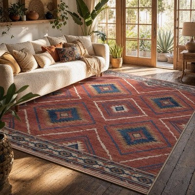 NEW West Elm Red Moroccan Boho Tribal Washable Low Pile Area Rug Carpet 8' x 10'