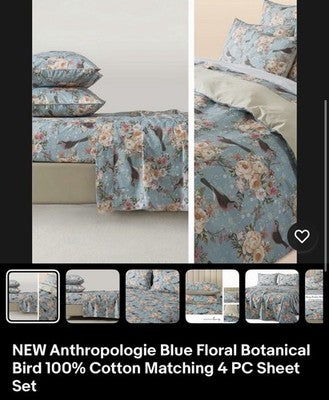 NEW Anthropologie Blue Floral Botanical Bird 100% Cotton Duvet Bedding Sham Set