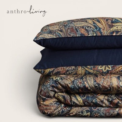 NEW Anthro Navy Blue Paisley Gold Boho Queen / King Size Bedding Duvet Sham Case