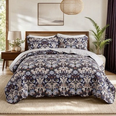NEW Anthropologie Purple Floral Queen / King Quilt Bedspread Bedding & Sham Set