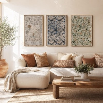 NEW Anthro XL Set of 3 Framed Vintage Floral Print Canvas Boho Wall Art 24"x16"