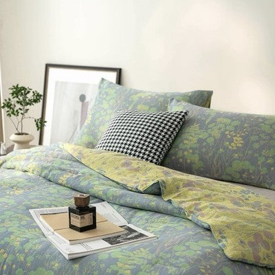 NEW Anthropologie Blue Green Reversible Queen / King Bedding Comforter Sham Set