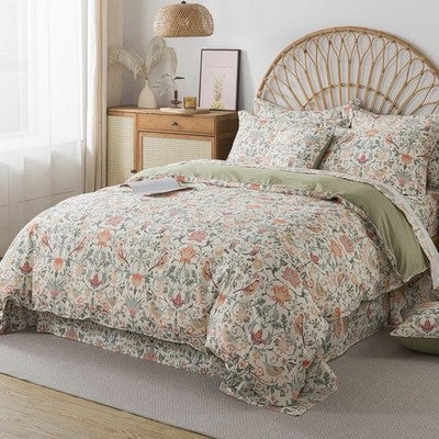 NEW Anthropologie Green & Coral Floral Bird 100% Cotton Duvet Bedding & Sham Set