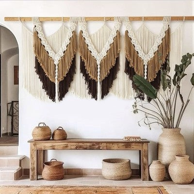 NEW Anthropologie XL Beige Brown Boho Tassel Tapestry Macrame Wall Hanging 47x25