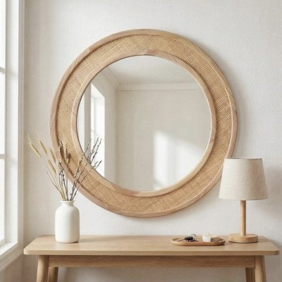 NEW West Elm Large Round Mirror Wicker Rattan Boho Wall Hanging Decor - 30” Diam