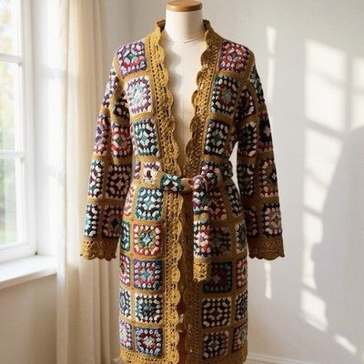 Vintage Italian Macrame Women's Crochet Rainbow Quilt Duster Sweater Coat Large