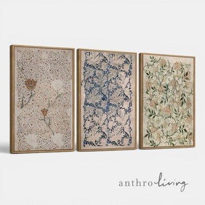 NEW Anthro XL Set of 3 Framed Vintage Floral Print Canvas Boho Wall Art 24"x16"