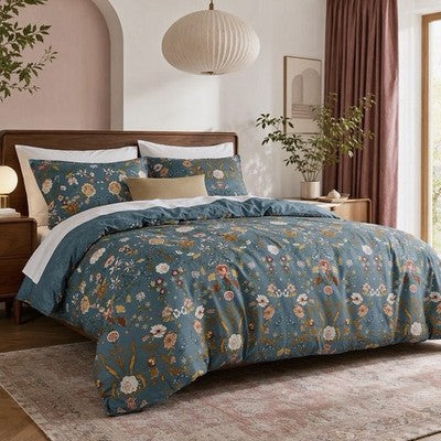 NEW Anthropologie Teal Multicolor Floral 100% Cotton Duvet Bedding & Sham Set