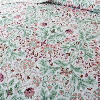 NEW Anthro Green & Pink Floral Reversible Boho Queen King Bedding Quilt Sham Set