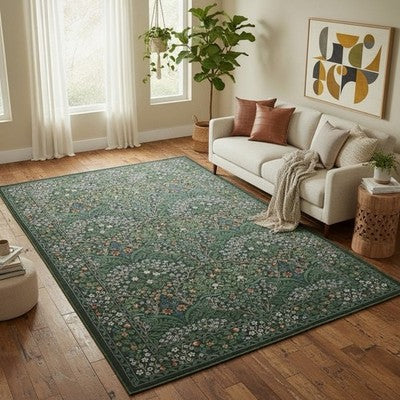 NEW Anthro Green Retro Floral Boho Washable Multicolor Area Rug Carpet - 5' x 7'
