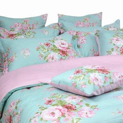 NEW Anthropologie Teal Blue Vintage Floral 100% Cotton Duvet Bedding & Sham Set
