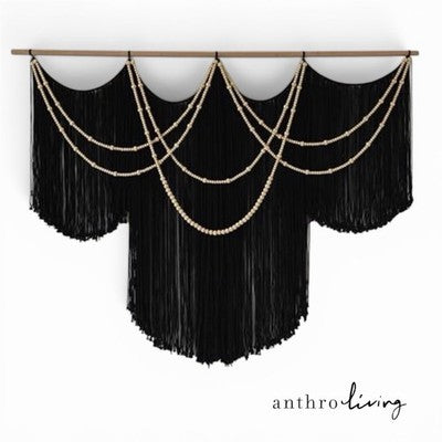 NEW Anthropologie XL Black Boho Beaded Tapestry Macrame Wall Hanging 57" x 43"