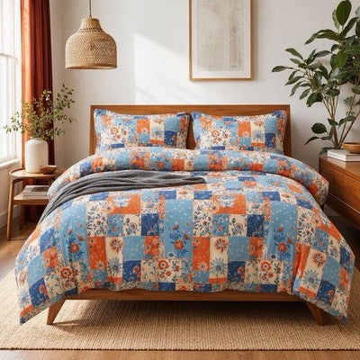 NEW Anthropologie Blue & Orange Boho Floral Patchwork Duvet Bedding & Sham Set