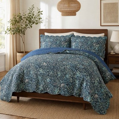 NEW Anthropologie Blue Floral Stitch Queen King Quilt Bedspread Bedding Sham Set