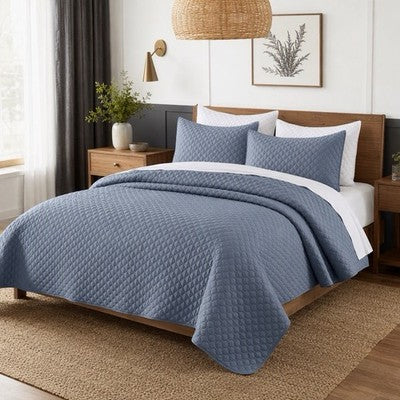 NEW West Elm Dusty Blue Ultra Soft Quilted Queen / King Bedding Quilt & Sham Set