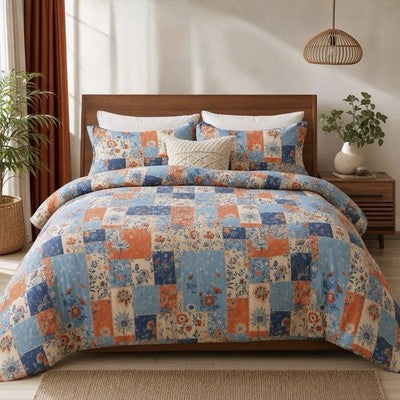 NEW Anthropologie Blue & Orange Boho Floral Patchwork Duvet Bedding & Sham Set
