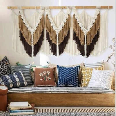 NEW Anthropologie XL Beige Brown Boho Tassel Tapestry Macrame Wall Hanging 47x25