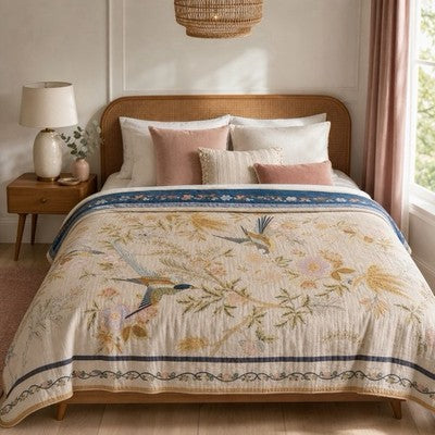 NEW Anthropologie Reversible Boho Bird Multicolor Queen / King Bedspread Blanket Quilt