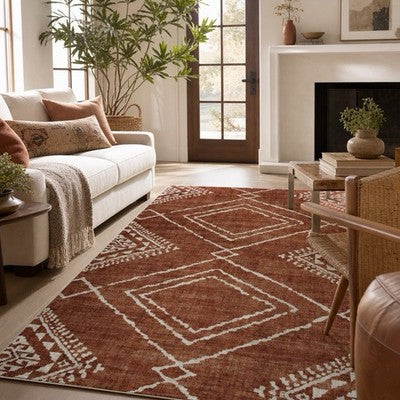 NEW West Elm Red Orange Boho Aztec Geometric Moroccan Area Rug Carpet - 4' x 6'