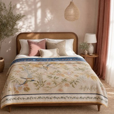 NEW Anthropologie Reversible Boho Bird Multicolor Throw Blanket Quilt 50" x 60"