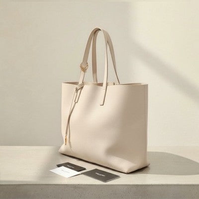 YSL / Yves Saint Laurent Beige Pink Gold Leather Shopping Tote Bag Purse - Large