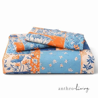 NEW Anthropologie Blue & Orange Boho Floral Patchwork Duvet Bedding & Sham Set