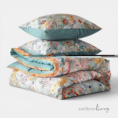 NEW Anthropologie Blue Jungle Multicolor Boho Queen King Bedding Duvet Sham Set